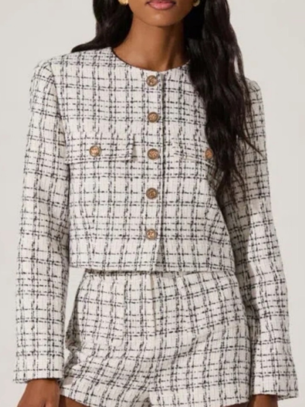 ASTR the Label Tweed Cropped Blazer White & Black Gold Buttons XL NWT Office
